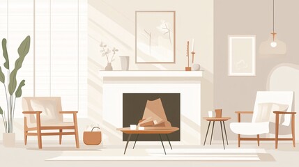 Fototapeta premium Elegant minimalist living room illustration with fireplace, armchairs, indoor plants, and soft natural lighting 