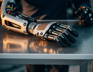 A close up of a robotic arm with metal and black components on a metal surface