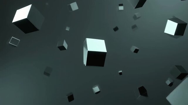 Floating metallic cubes drifting through atmospheric space, creating a sleek futuristic ambience suited for tech brands and conceptual visuals.