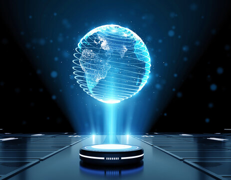 Holographic globe projection emanating from a futuristic platform in dark room