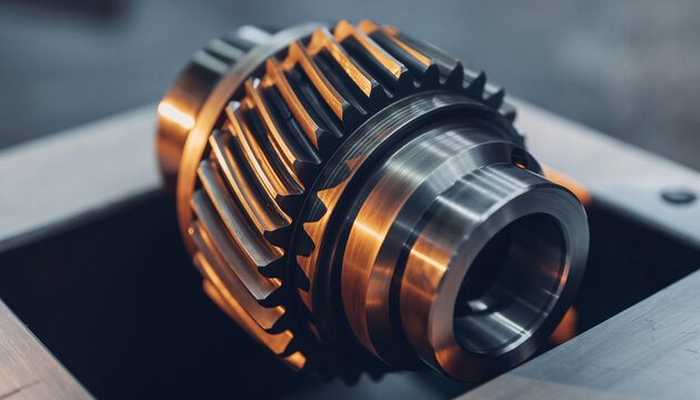 Metal gear with helical teeth in a workshop setting.