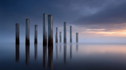 Serene concrete pilings stand in calm water at twilight shrouded in mist with symmetrical reflections