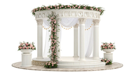 Fototapeta premium Elegant white wedding gazebo decorated with flowers and draped fabric, isolated on transparent background