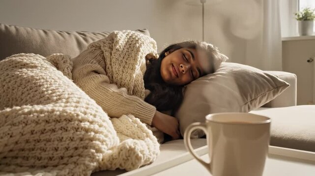 Ill young woman with a cold sleeping on a couch at home, covered in a warm blanket with a steaming mug of hot tea nearby for treatment, feeling unwell and tired during recovery from influenza