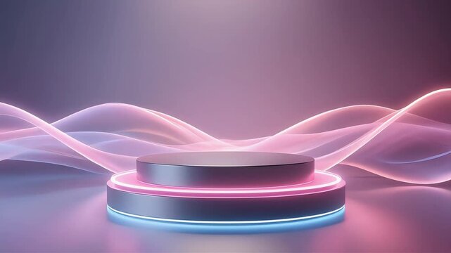 Soft flowing neon ribbons surrounding a glowing platform, blending dreamy hues and smooth motion for beauty and lifestyle branding.