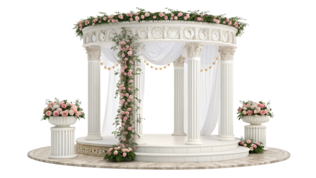 Elegant white wedding gazebo decorated with flowers and draped fabric, isolated on transparent background