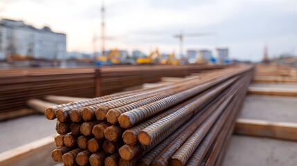 Stacks of rusty steel rebar at a construction site during twilight with blurred industrial background