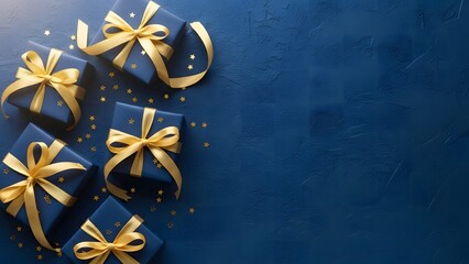 Elegant blue gift boxes with gold ribbons on a dark blue background