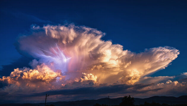 Dramatic lightning strikes illuminate a massive storm cloud at dusk. - Powered by Adobe