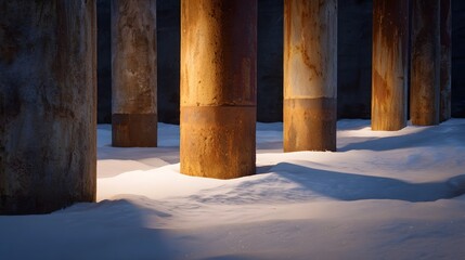 Weathered pillars stand in a snowy landscape casting long shadows under atmospheric lighting