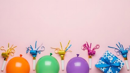 Festive birthday celebration with balloons confetti and a gift on pink