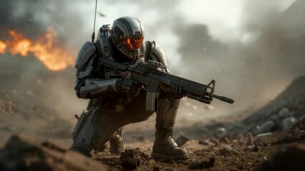 Armored soldier kneeling with a rifle in a smoky battlefield as flames rise in the distance, creating an intense action scene filled with dust, heat, and dramatic tension - Powered by Adobe