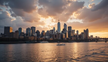 Golden hour city skyline reflecting on river water with dramatic clouds and glowing lights highlighting urban architectural beauty
