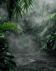 Naklejka premium deep green tropical foliage, volcanic black stone textures, atmospheric misty lighting, subtle tribal pattern blur in distance, earthy and tropical palette, empty center space for product placement.