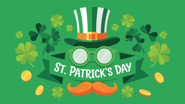 Festive St. Patrick's Day Illustration with Hat, Glasses, Shamrock, Coins, and Mustache on a Vibrant Green Background for Celebratory Designs