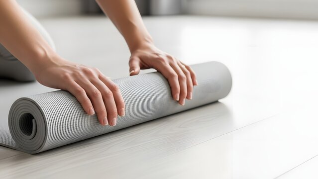 Hands rolling up a minimal yoga mat on a clean interior floor.