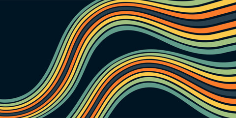 Abstract colorful 70s background vector. Vintage retro wallpaper with rainbow stripes and wavy lines. A 1970 color illustration suitable for posters, banners, eps10