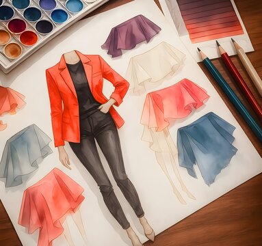 Generative AI illustration of fashion clothes sketches near fabric swatches, color board, palette and color pencil in workshop