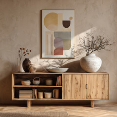 Creative composition of living room interior with mock up poster frame, copy space wooden sideboard, vase with branch