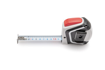 Measure tape isolated cut out on white background, overhead view, including clipping path