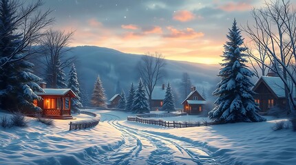 An ultra-realistic interpretation of a Christmas landscape, featuring crisp details and a sense of serene beauty under winter's touch