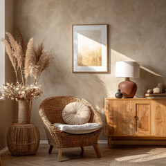 Interior design of living room with mock up poster frame, wooden sideboard, vase with dried flowers