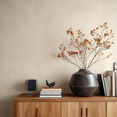 Minimalist composition of living room interior with copy space, wooden sideboard, vase with dried flowers