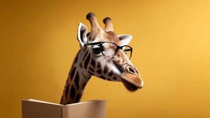 Funny intellectual giraffe wearing black rimmed glasses looking up from an open book against a solid yellow background, representing education, learning, and intelligence with a humorous twist
