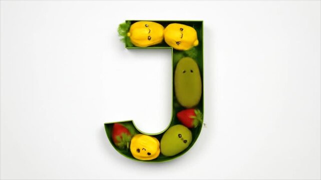 Letter j shaped fruit display with decorative green frame and white background for education and design