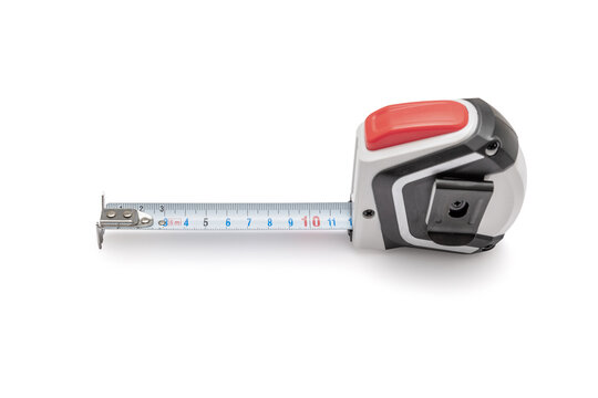 Measure tape isolated cut out on white background, overhead view, including clipping path