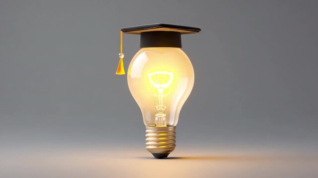 Creative illustration of a light bulb wearing a graduation cap symbolizing education and innovation in a modern design setting 4k video footage
