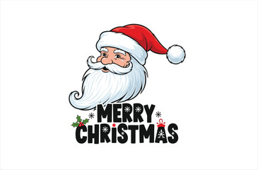 Illustration of santa claus  with beard and hat above stylized text isolated on white background
