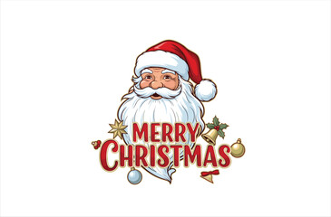Illustration of santa claus  with beard and hat above stylized text isolated on white background