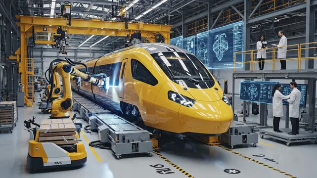 Modern Train Manufacturing with Robotic Arms - A modern yellow train sits in an industrial workshop setting, surrounded by advanced technology and robotic arms.