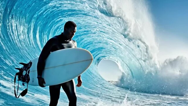 A wave frozen mid-crash, with a surfer walking through the suspended water.