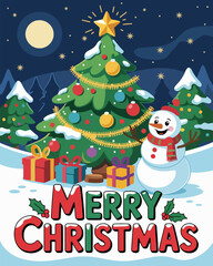 Merry Christmas Snowman with Decorated Trees Gifts and Snowy Winter Wonderland Scene