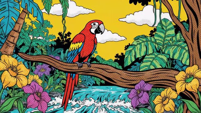 Cartoon Nature Pop Art Parrot - This pop art cartoon video shows a vibrant red and blue macaw perched on a branch over a rushing river, with flowers and green foliage surrounding the scene.
