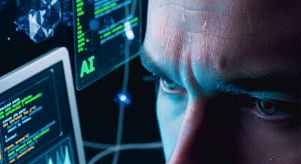 A determined person deeply immersed in a futuristic technological interface. The cool glow of the monitors reflects in the focused eyes, a testament to the cutting-edge digital landscape.