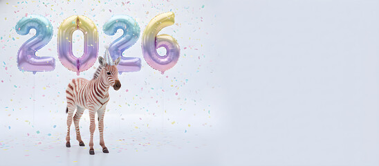 Obraz premium Cute baby zebra in a party hat celebrating with 2026 balloons and confetti, a whimsical New Year's Eve banner with copy space for holiday greetings and events.