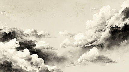 Fototapeta premium 水墨画風の雲海と山並みの和風背景素材