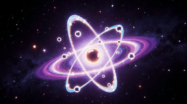 Glowing atom model with a radiant nucleus at the center surrounded by orbiting electrons.
