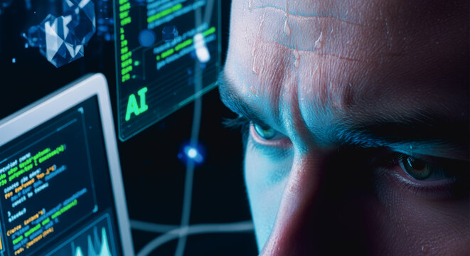 A determined person deeply immersed in a futuristic technological interface. The cool glow of the monitors reflects in the focused eyes, a testament to the cutting-edge digital landscape. 