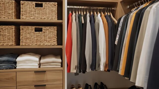Organized Modern Closet Interior - A neatly organized walk-in closet features clothes hanging on a rack, folded clothing on shelves, and woven storage baskets.