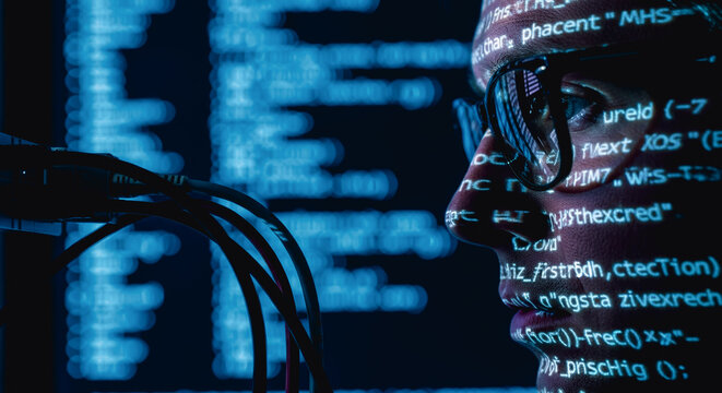 A determined coder immersed in the digital realm, his face illuminated by streams of coding language and futuristic data, the essence of the technological age.