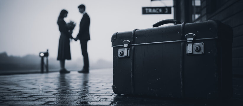 A touching scene unfolds at a train station as a couple stands hand in hand, enveloped by the soft glow of a romantic ambiance. The antique suitcase nearby suggests travel and separation.
