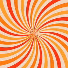 Orange, red and beige swirl groovy starburst background. Retro twisted rays pattern with vintage psychedelic vibe. Abstract dynamic spiral design for posters, banners, wallpapers. Vector illustration.