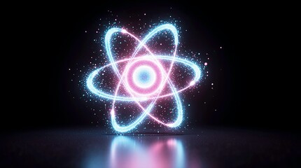 Glowing atom model with a radiant nucleus at the center surrounded by orbiting electrons.