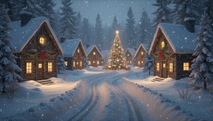 3D Snow-Covered Road in Forest Cabin Village on Christmas Night