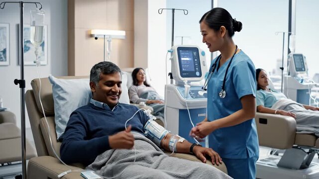 Chemotherapy Treatment in a Modern Healthcare Facility - A smiling patient receives chemotherapy treatment from a medical professional in a modern healthcare facility, with other patients receiving