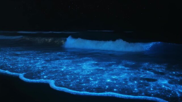 Bioluminescent Waves Glowing Blue on a Dark Beach Under a Starry Night Sky bioluminescence